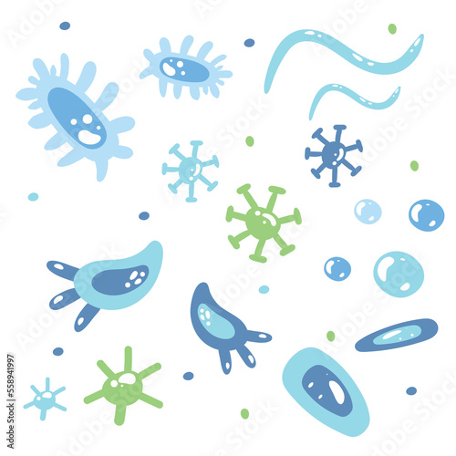 Abstract bacteria or cell elements set. Cartoon childhood vector illustration