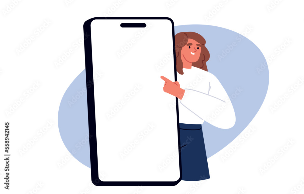 Connection concept. Man and woman use phone. Happy people holding mobile for advertisement. Vector promotional smartphone illustration Connection concept. Man and woman use phone. Happy people holding mobile for advertisement. Vector promotional smartphone illustration