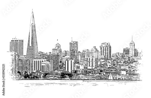 Photography San Francisco Skyline Financial District, California, USA, ink sketch illustration