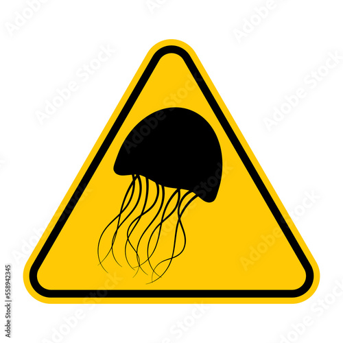 Jellyfish warning sign. Vector illustration of yellow triangle sign with jellyfish icon inside. Caution injuries or poisoning caused by sea jellies. Hazard symbol. Dangerous area. Medusa symbol.
