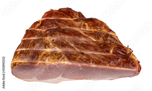 Angle view of a perfectly cooked ham isolated on a white background.