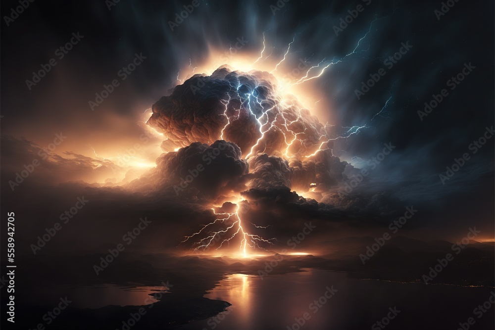 a large cloud with a lightning bolt coming out of it's center ...