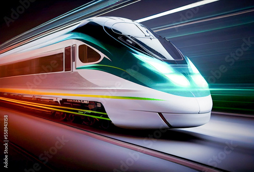 A high speed  train with Hologram Lighting . (ai technology)