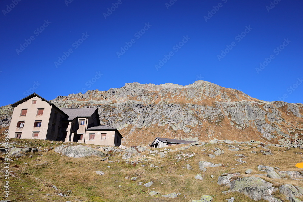 View on a valley in the Oberalp Pass which is a high mountain pass in the Swiss Alps View on a valley in the Oberalp Pass which is a high mountain pass in the Swiss Alps
