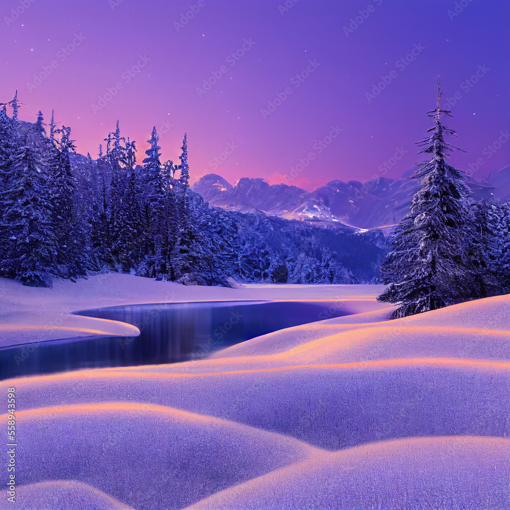 Winter pine woods mountains and lake landscape on a sunset generative AI