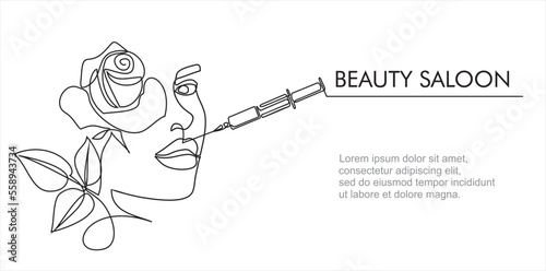 Continuous line beauty surgery concept. One line female portrait. One line syringe, lip filters, Beauty saloon.