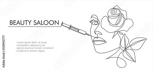 Continuous line beauty surgery concept. One line female portrait. One line syringe, lip filters, Beauty saloon.