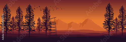 sunset in the mountains with tree silhouette vector illustration good for  wallpaper  background  backdrop  banner  web  and design template