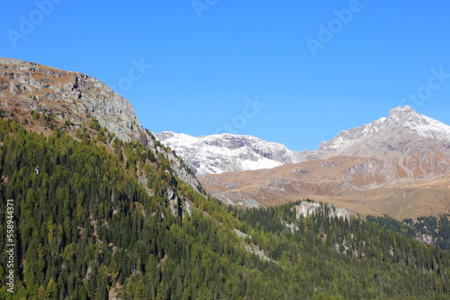 View on a valley in the Upper-Engadine valley of Grisons in Switzerland