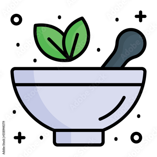 Mortar pestle with herbal leaves denoting herbal medicine