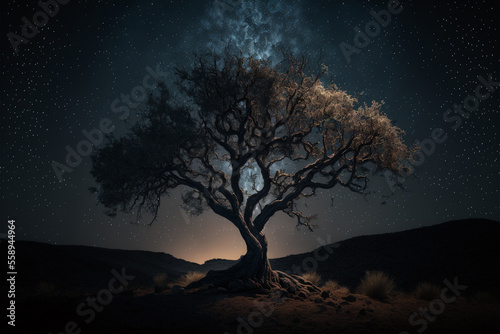 night starry sky between dark tree silhouette. Front view. Generative AI