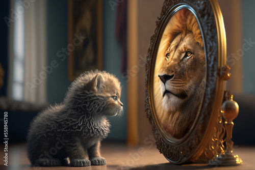 kitten looking at round mirror on table, male lion inside mirror, close up. Generative AI