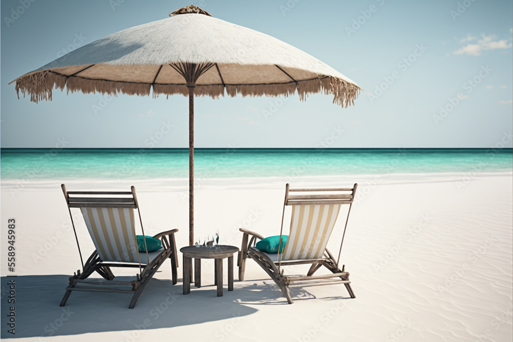Beautiful tranquil white sand beach with two beach chair and thatched umbrella. romantic summer vacation at tropical private island for luxury sea resort advertising background, front view. Generative