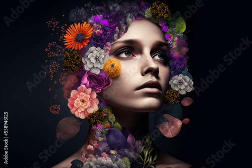 Generative AI. Abstract art collage of young woman with flowers. close up © bahadirbermekphoto