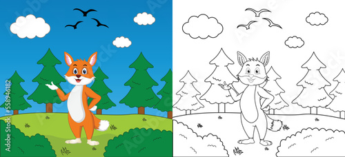 Cute cartoon fox coloring page with line art  kids activity page vector illustration