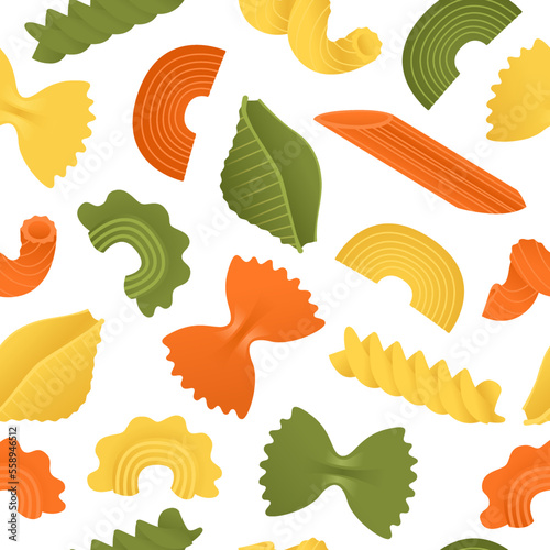 Yellow, green, orange colors macaroni set. Vector seamless pattern flat of dry Italian macaroni of various kinds, pasta, fusilli, conchiglio, rigatoni, farfalle, penne isolated on white background