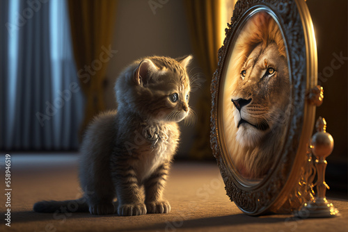 kitten looking at round mirror on table, male lion inside mirror, close up. Generative AI