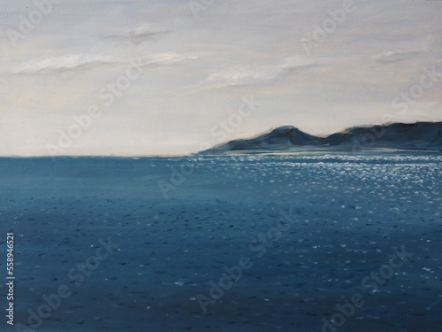 Oil painting with sea and mountains. Travel and leisure with a sea cruise