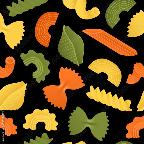 Yellow, green, orange colors macaroni set. Vector seamless pattern flat of dry Italian macaroni of various kinds, pasta, fusilli, conchiglio, rigatoni, farfalle, penne isolated on black background