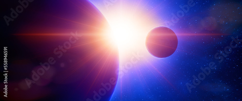 Close view of two planets in space illuminated by a solar lens flare appearing from behind in the distance. Fantasy and science fiction scene in vibrant reddish and blue tones. 3D Rendering