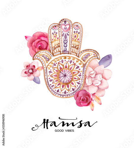 Indian hand drawn hamsa hand with ethnic ornaments and watercolor  flowers on the white background.