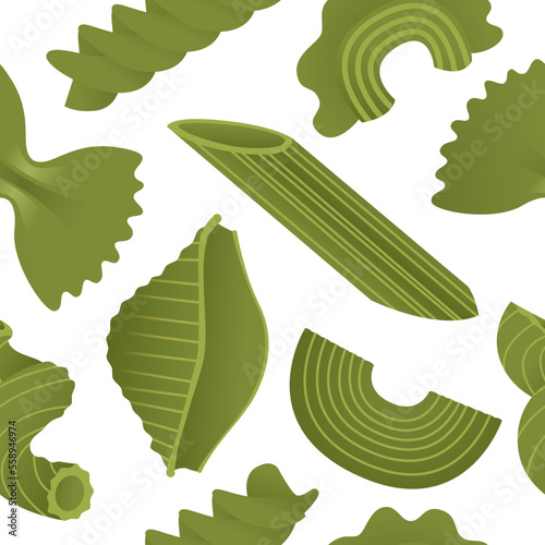 Green macaroni set. Vector illustration seamless pattern with flat dry Italian macaroni of various kinds, pasta, fusilli, conchiglio, rigatoni, farfalle, penne isolated on white background