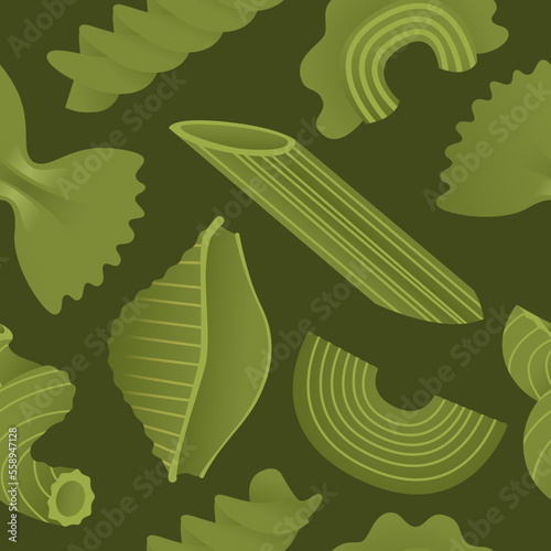 Green macaroni set. Vector illustration seamless pattern with flat dry Italian macaroni of various kinds, pasta, fusilli, conchiglio, rigatoni, farfalle, penne isolated on green background