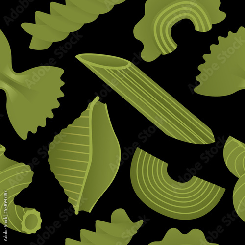 Green macaroni set. Vector illustration seamless pattern with flat dry Italian macaroni of various kinds, pasta, fusilli, conchiglio, rigatoni, farfalle, penne isolated on black background