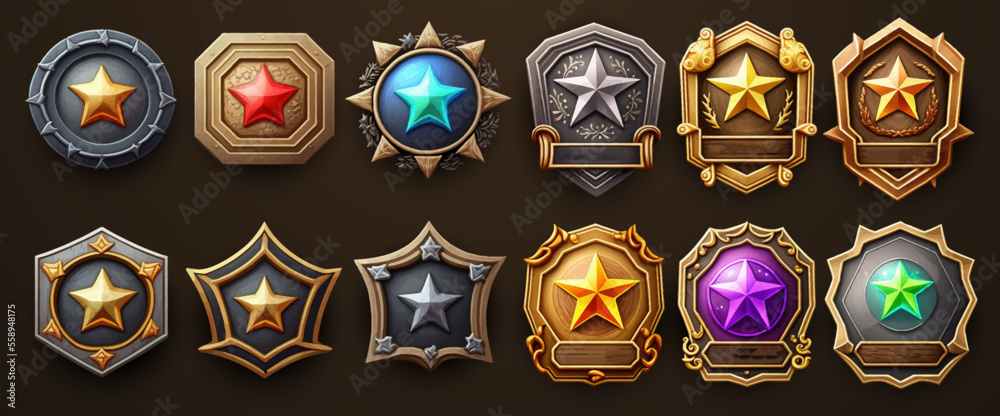 Precious stones in gold and silver frames in medieval style badges with star and fantasy frame for game gui ui design. Vector illustration - obrazy, fototapety, plakaty 