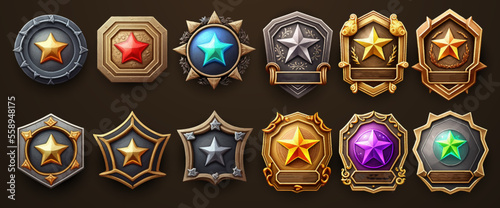 Precious stones in gold and silver frames in medieval style badges with star and fantasy frame for game gui ui design. Vector illustration