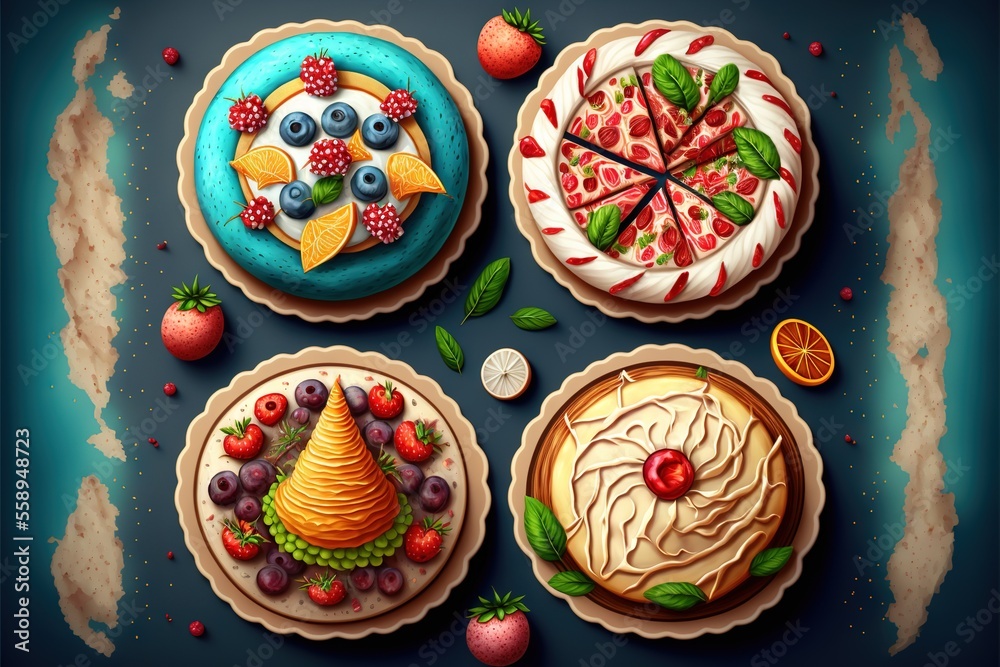 a set of four cakes with fruit on them and a pie on the top of the cake is decorated with leaves and berries and a pie is surrounded by other fruit and berries and a piece of paper