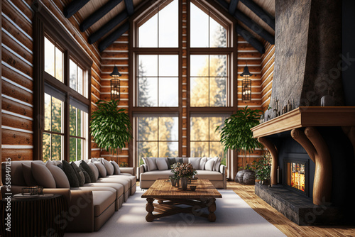 Scandinavian interior of chalet wooden living room with big windows overlooked winter forrest  fireplace and cosy atmosphere. Content for Real estate companies.