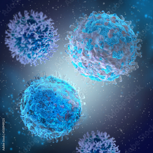 Medical background, lymphocytes cells of the immune system, which are a type of leukocytes of the agranulocyte group, provide humoral immunity production of antibodies, 3d rendering photo