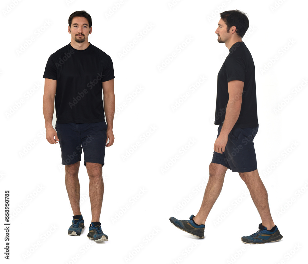 front and side view of a man with sportswear walking on white background front and side view of a man with sportswear walking on white background