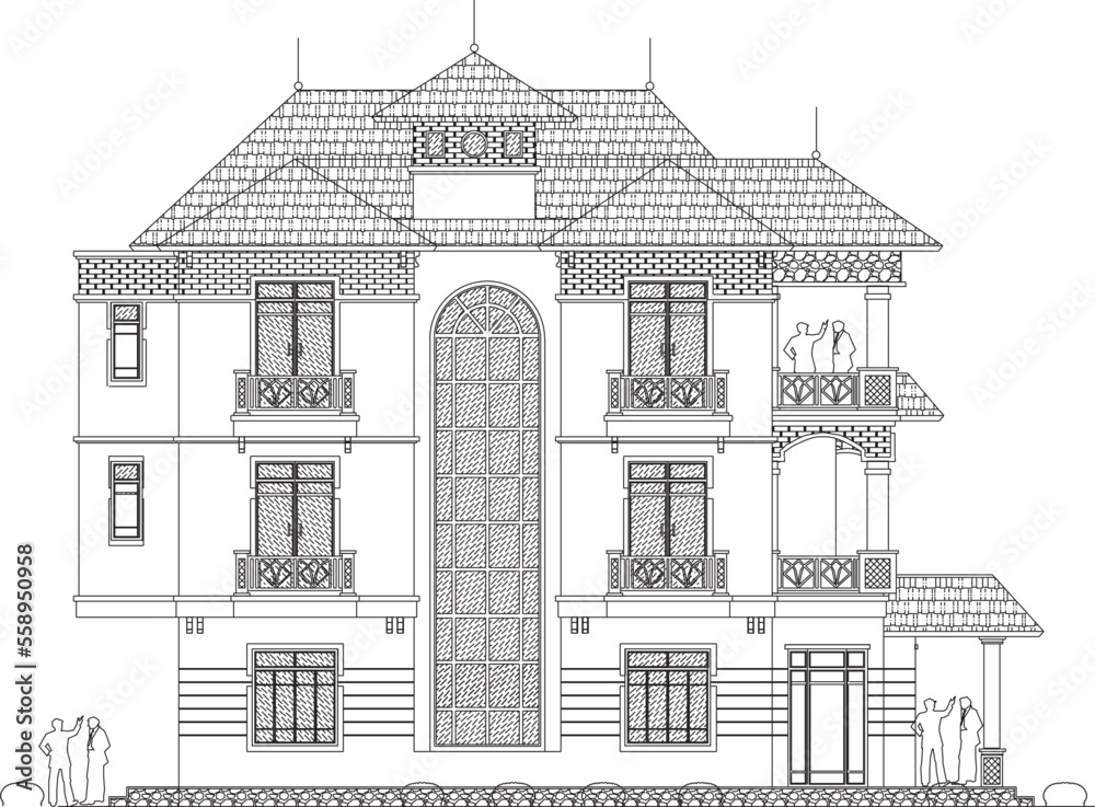 sketch vector illustration of old classic style villa house