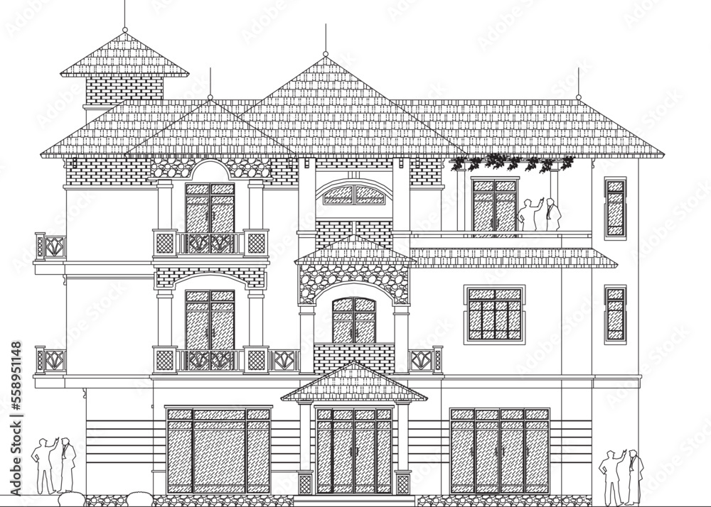 sketch vector illustration of old classic style villa house