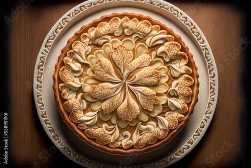 a pie with apples on top of a plate with a fork and knife on a tablecloth with leaves and leaves on it.