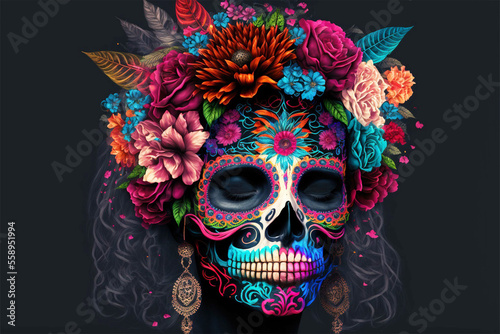 Sugar Skull, Calavera, to celebrate Mexicans Day of the Dead, dia de los muertos , 3d print, Santa Muerte, generative ai © Viviana