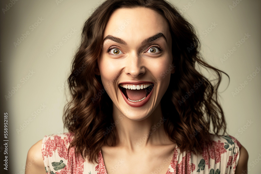 woman with surprised expression smiling, yellow background, thumnail, generative ai