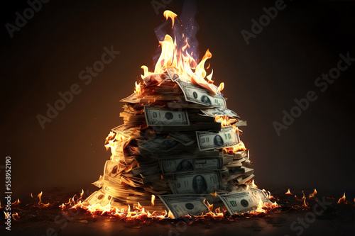 Inflation or burning money concept with pile of dollar bills on fire. Generative AI.