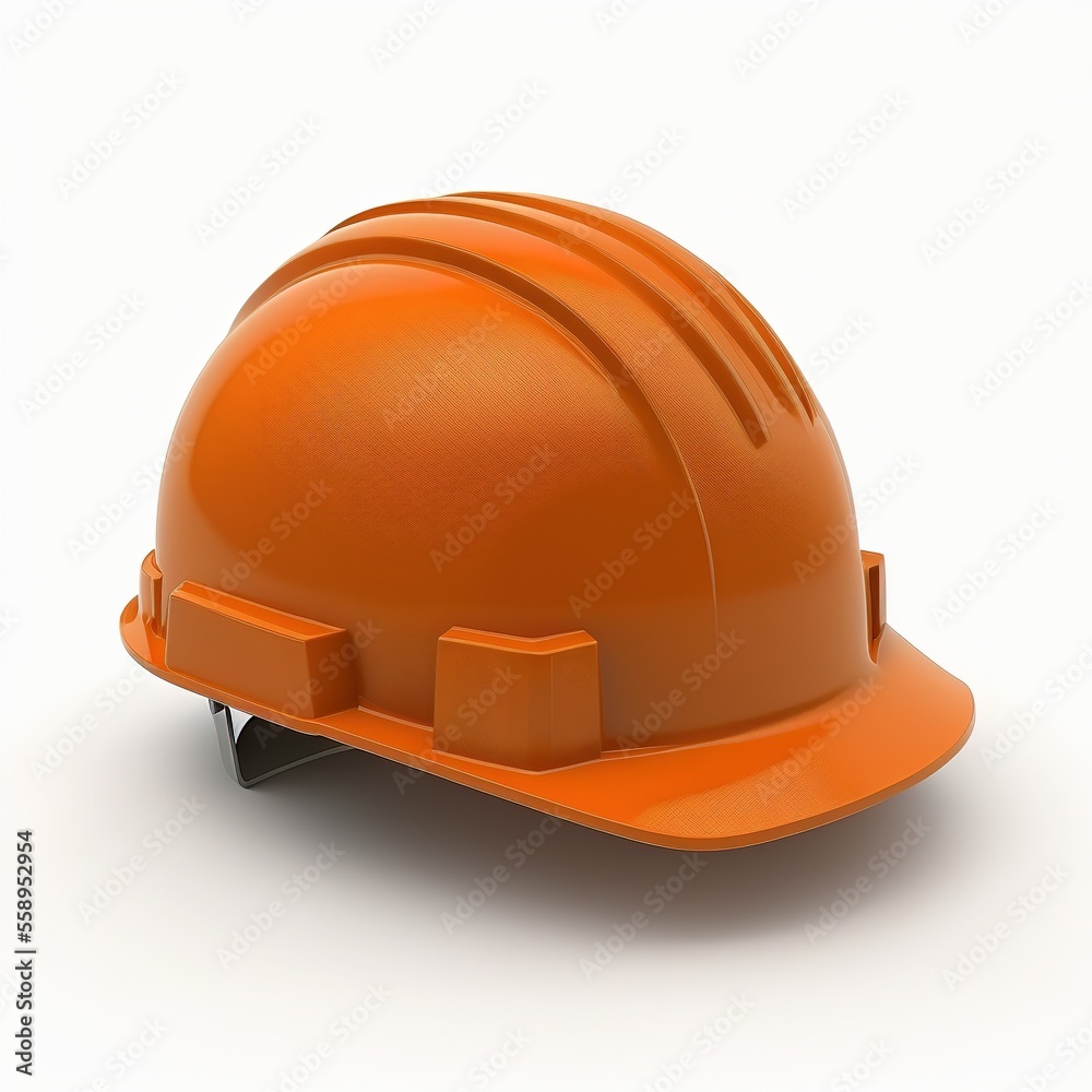 An orange working safety hardhat or helmet icon in 3D, on white background. Industrial equipment object. Generative Ai image