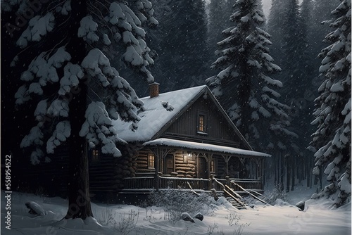 a cabin in the woods with snow on the ground and trees in the background.