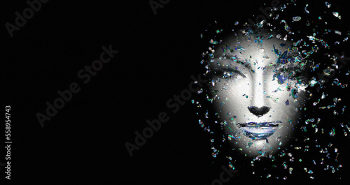 illustrazione creata con intelligenza artificiale su sfondo nero di viso di donna fatto con cristalli e puntini di vetro e pezzi che si deframmentano in uno spazio ideale per copy space photo