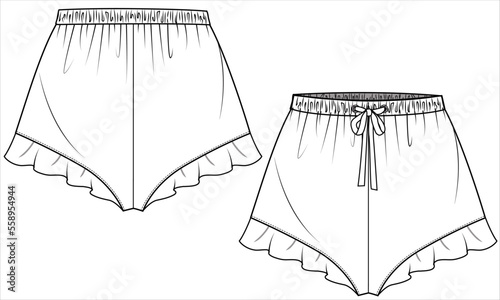 FRILLED CHEECKY NIGHTWEAR SHORTS FRONT AND BACK IN VECTOR FILE