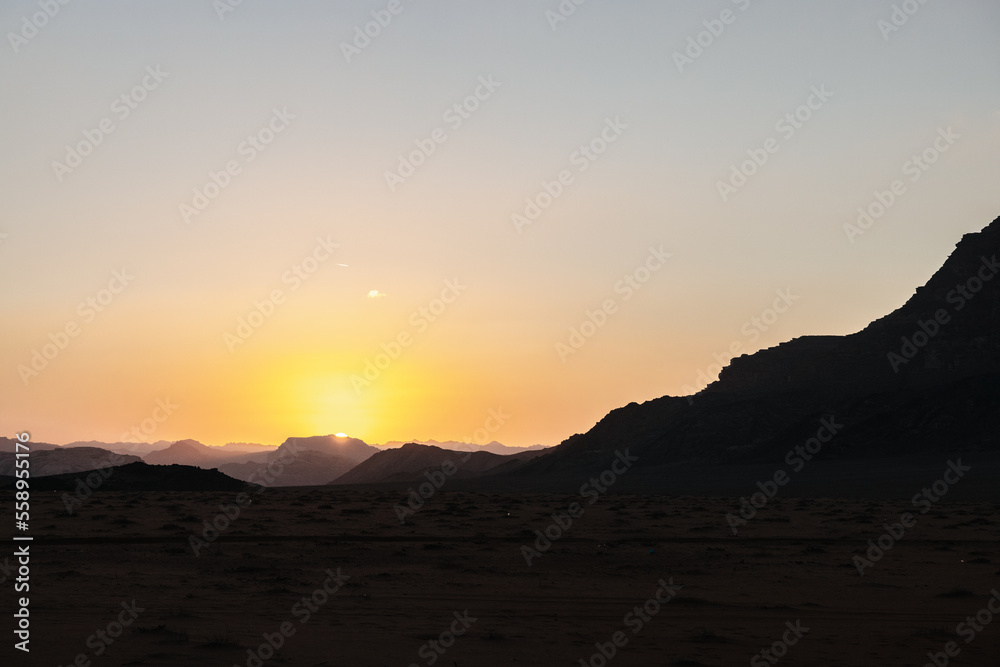 Sunset at the Wadi Rum desert landscape in Jordan