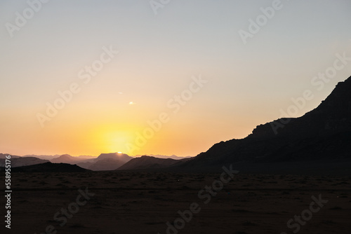 Sunset at the Wadi Rum desert landscape in Jordan