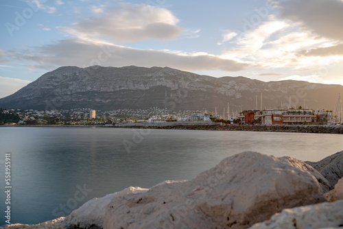 Winter sunset views down to the Denia Marina on the Costa Blanca, Alicante, Spain.