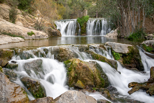 Angular view with a silk effect on the waterfalls of the Algar river as it passes through Callosa d en Sarri   in the Guadalest Valley  Alicante  Spain.