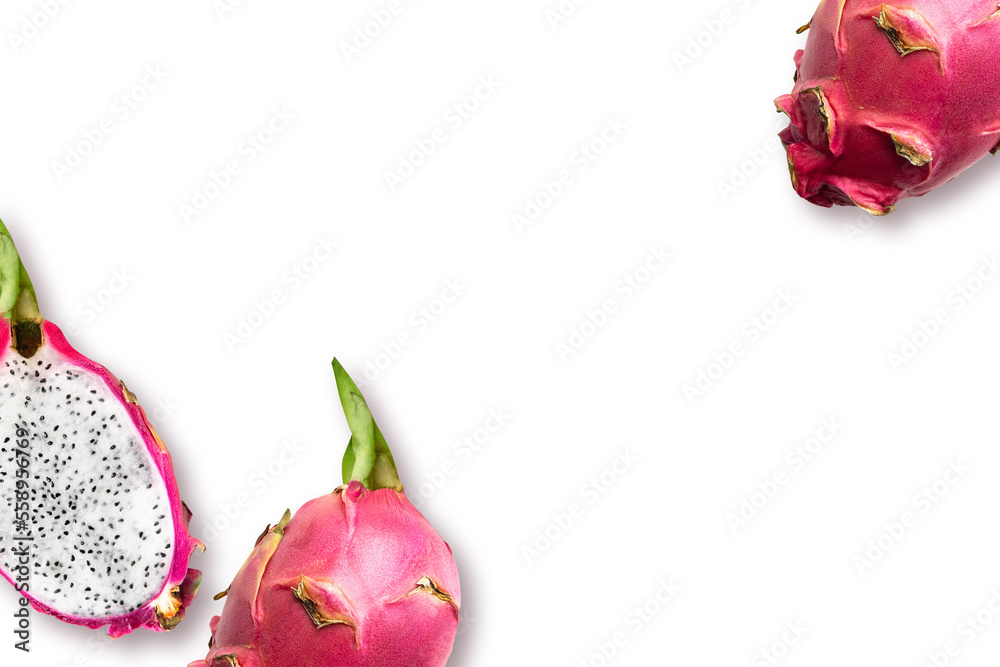 Top view photo. Halved cutted pitahaya on white background. Ripe tasty dragon fruits. Design template with copy space 