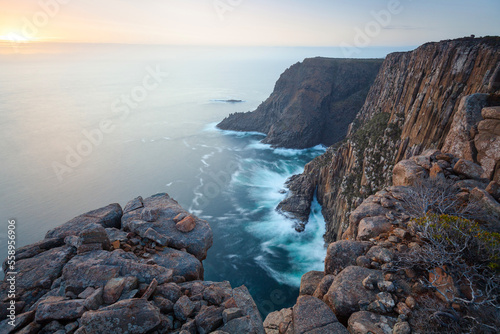 Cape Raoul Cliffs at sunset with Beautiful coast landscape of Tasman National Park in Tasman peninsula, Tasmania, Australia.